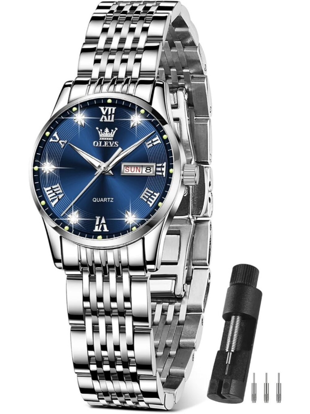 Women’s Silver Blue Stainless Steel Elegant 3ATM Waterproof Quartz Dress Watch